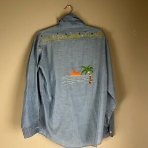 Blue Vintage Antique Button Down Top Embroidered Beach